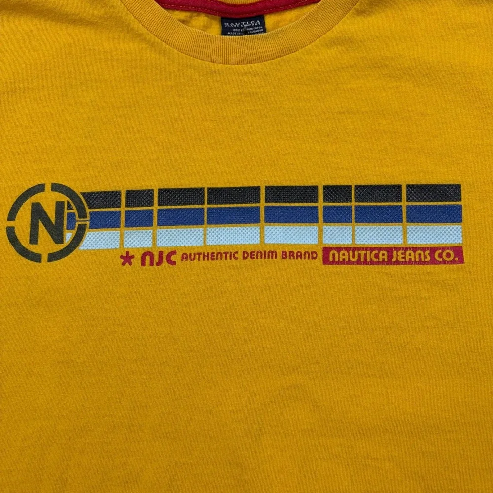 90s Nautica Jeans Co Graphic T-Shirt Mens Medium Yellow NJC Cotton Tee